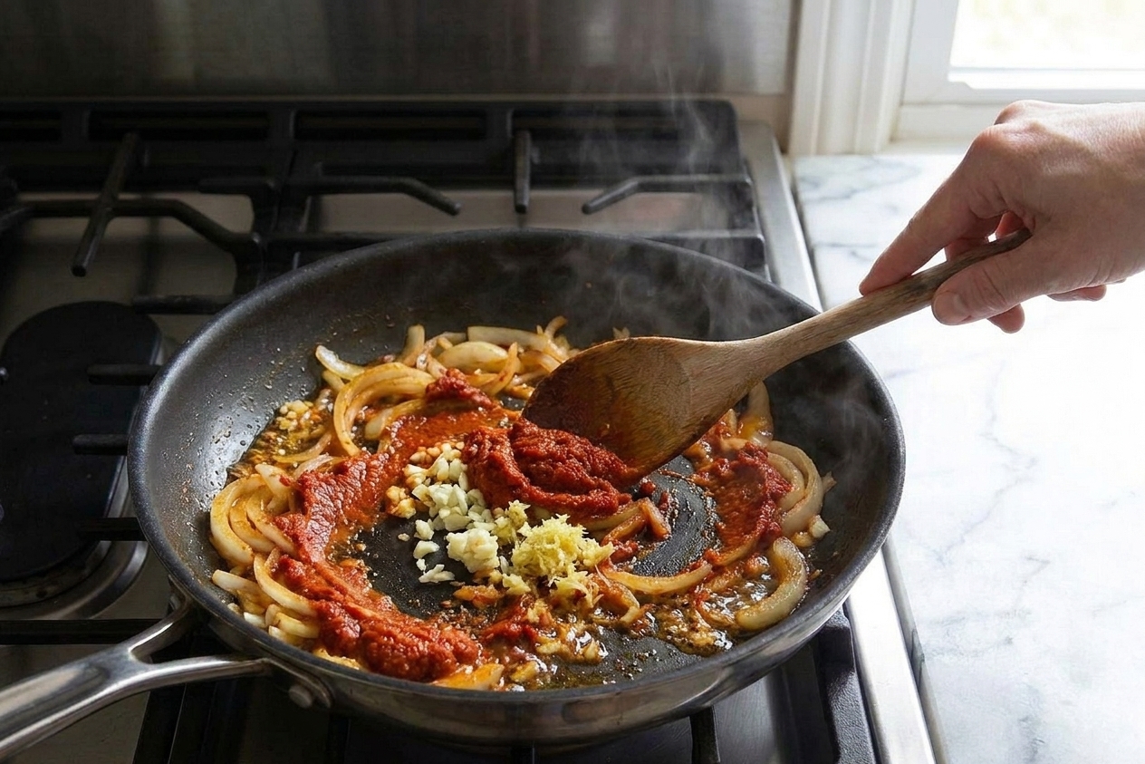 A wooden spoon stirring red curry paste with onions, garlic, and ginger in a skillet