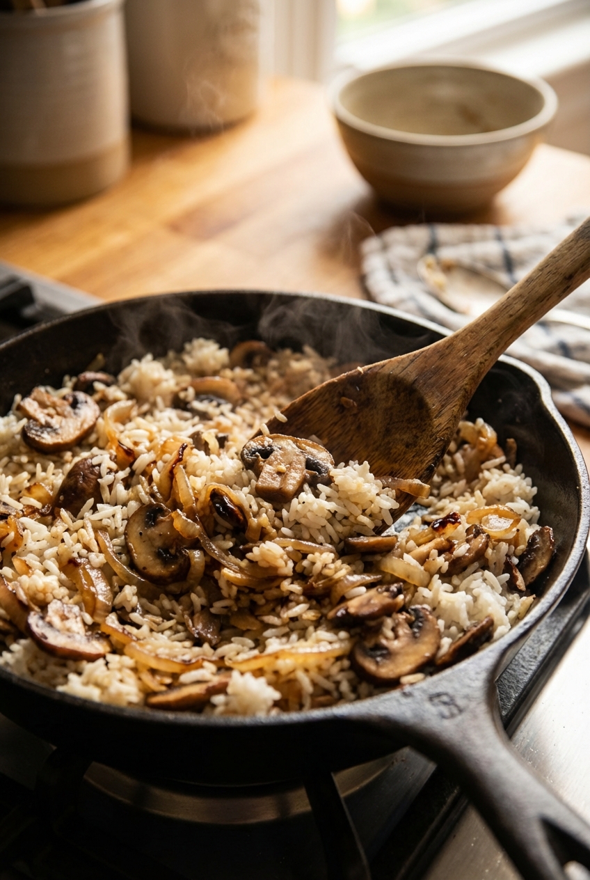 A wooden spoon stirring rice with sautéed mushrooms and onions in a skillet