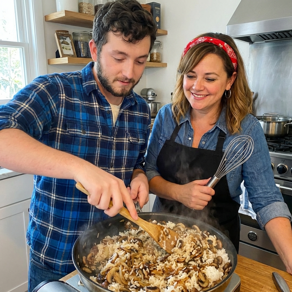A wooden spoon stirring rice with sautéed mushrooms and onions in a wide skillet