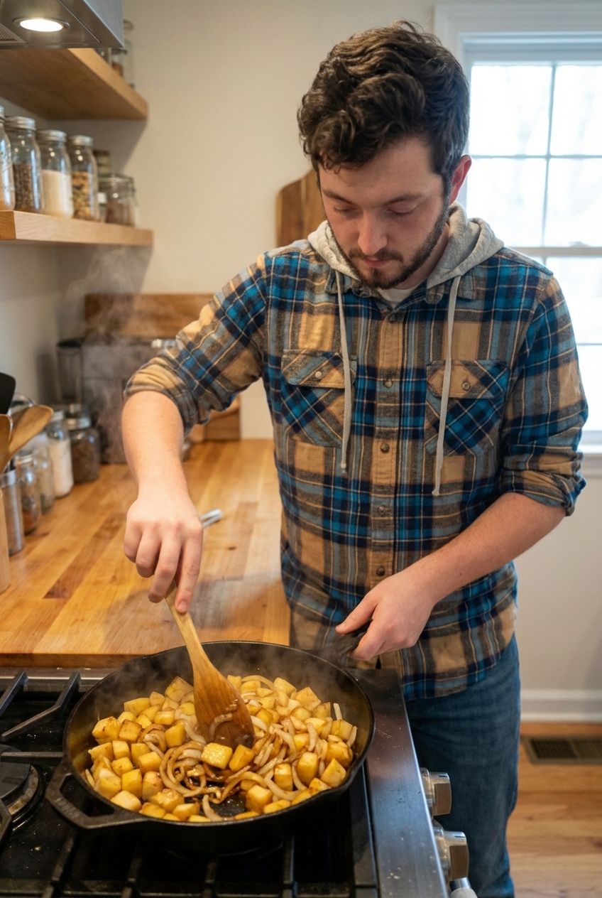 A wooden spoon stirring rutabaga cubes and onions in a skillet as they brown