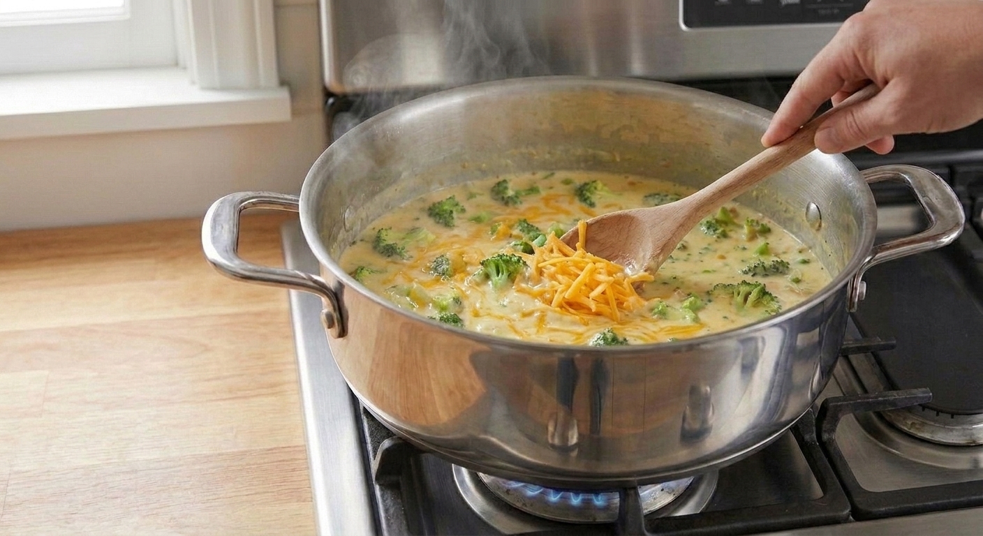 A wooden spoon stirring shredded cheddar into a pot of broccoli cheddar soup as it melts