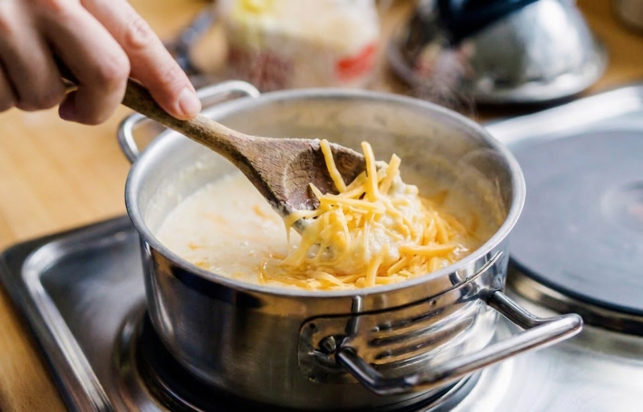 A wooden spoon stirring shredded cheddar into hot grits as the cheese melts into a creamy sauce