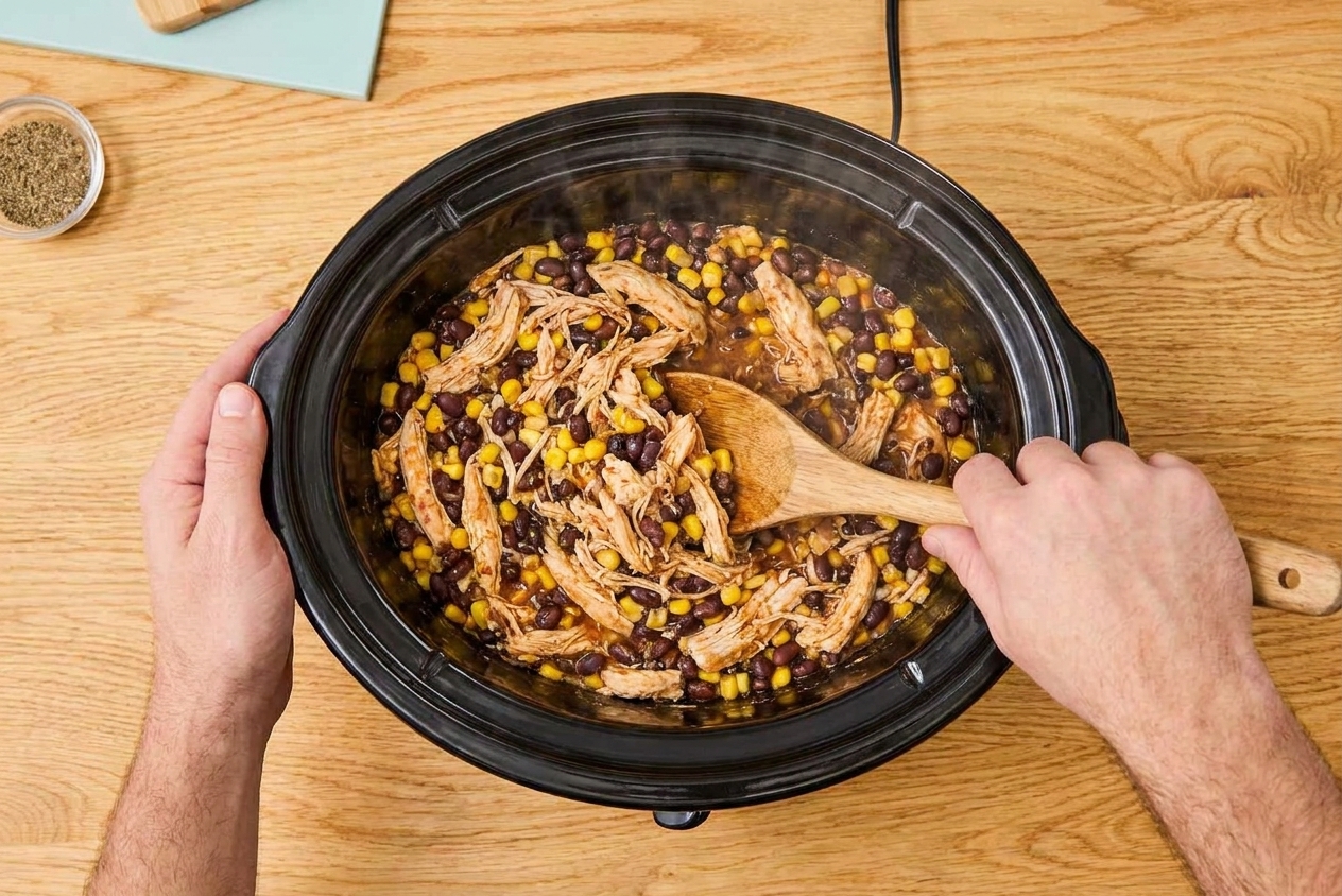 A wooden spoon stirring shredded chicken with beans and corn in a slow cooker with steam rising