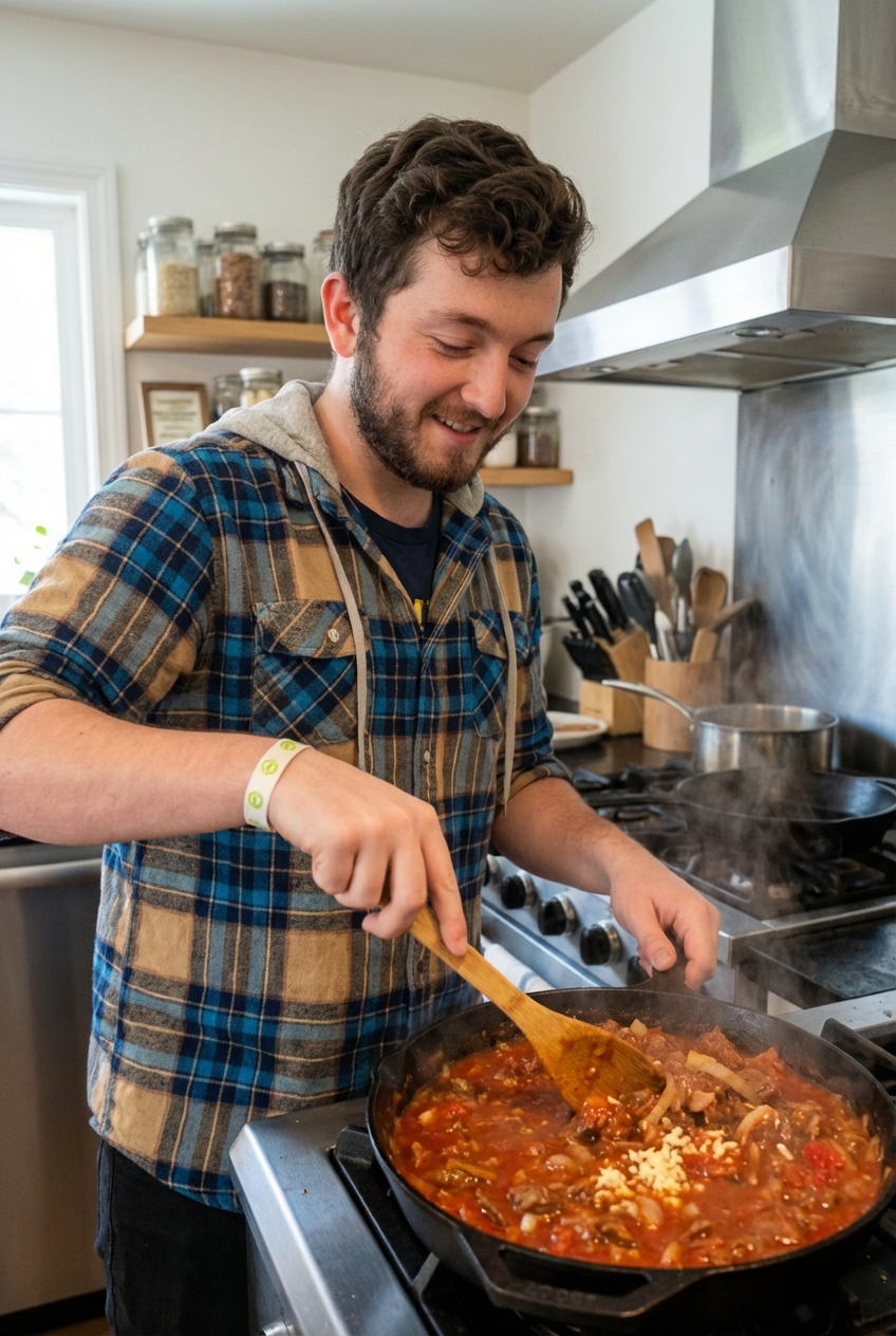 A wooden spoon stirring simmering tomato beef sauce with onions and garlic in a deep skillet