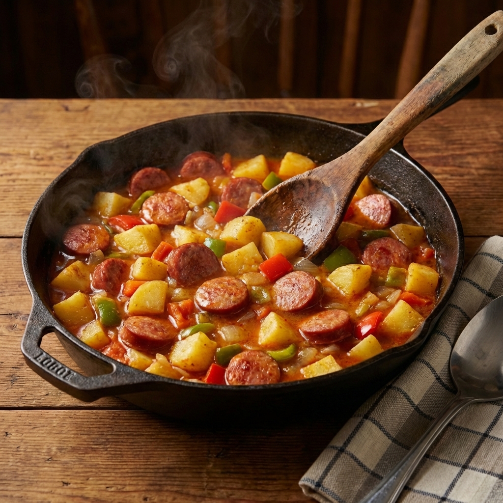 A wooden spoon stirring sliced smoked sausage and vegetables in a skillet as steam rises