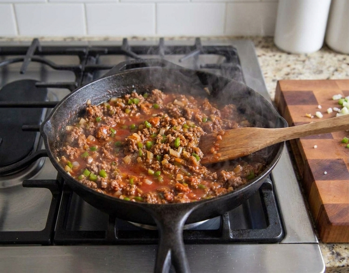 A wooden spoon stirring sloppy joe mixture in a large skillet on a stovetop, with steam rising in a cozy home kitchen