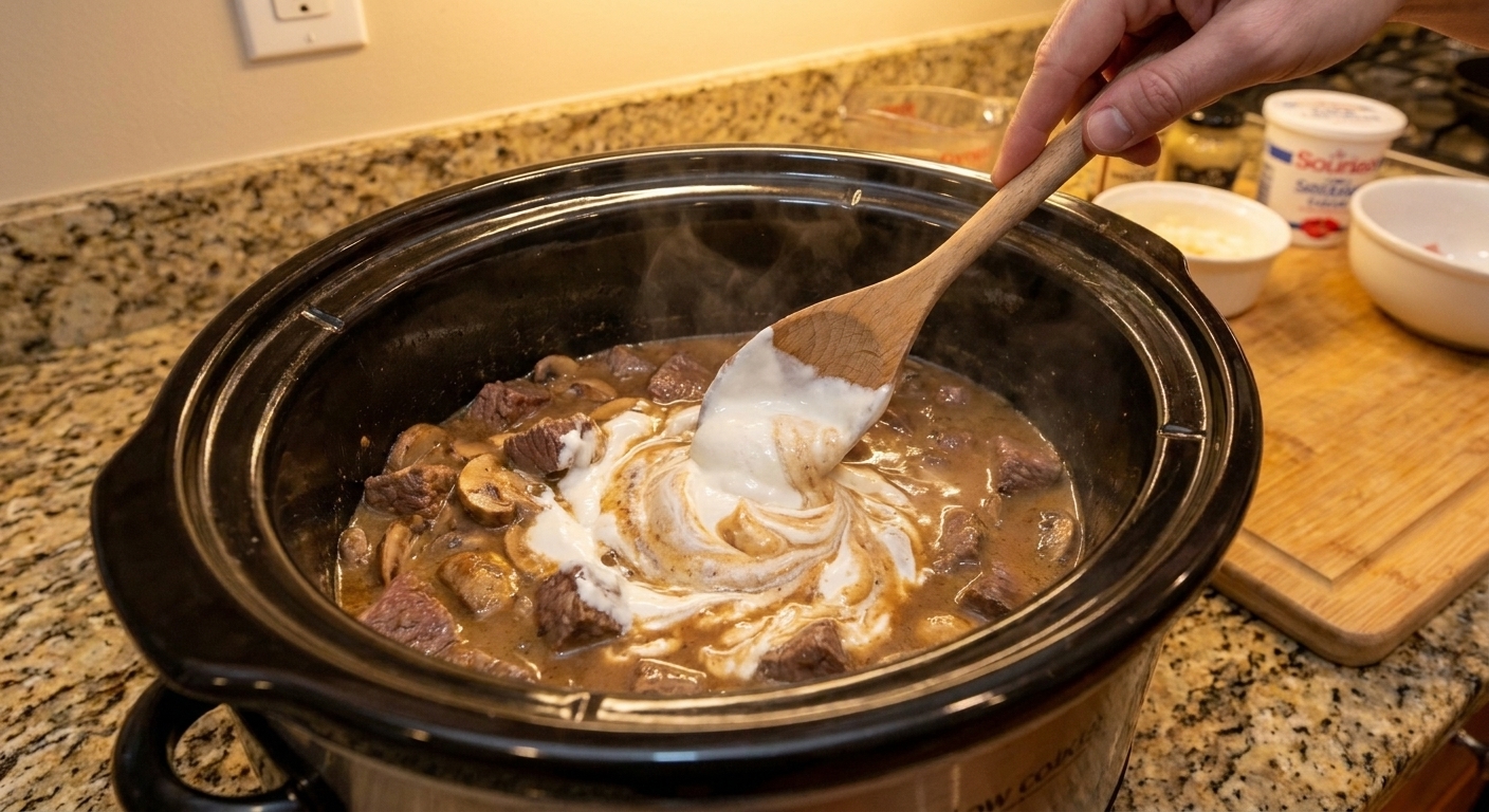 A wooden spoon stirring sour cream into a slow cooker insert filled with beef and mushrooms as the sauce turns creamy