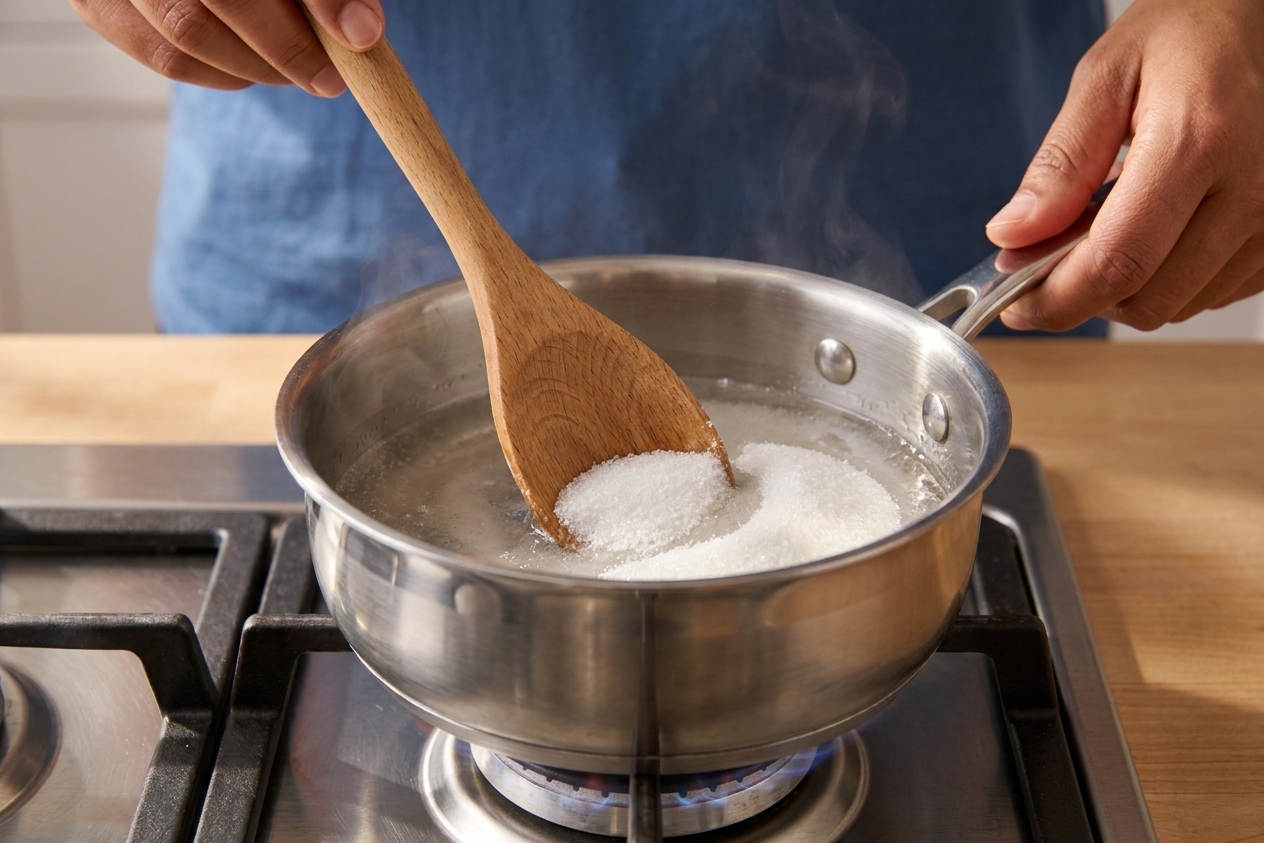 A wooden spoon stirring sugar and water as it dissolves in a small saucepan on the stove