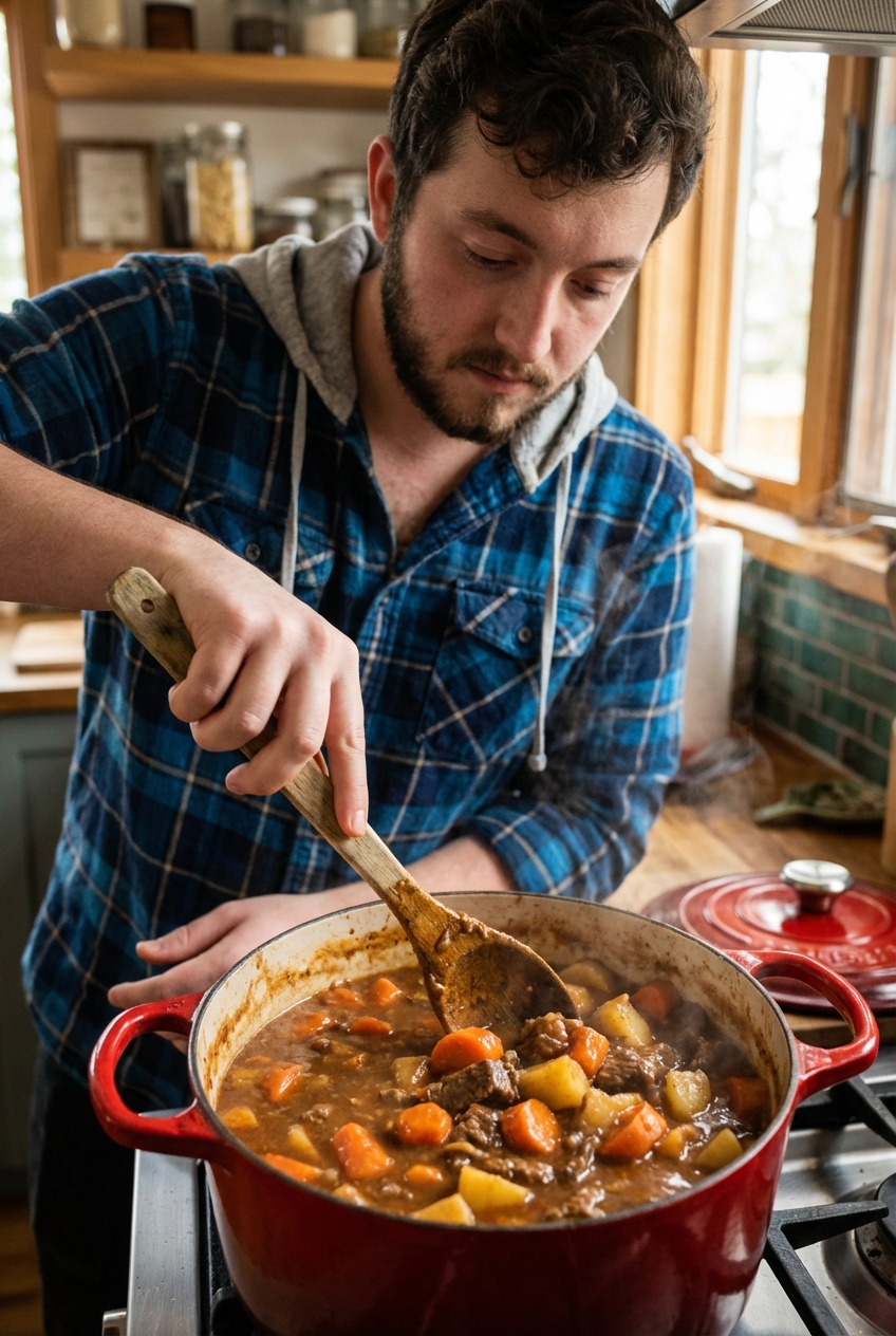 A wooden spoon stirring thick beef stew with carrots and potatoes in a Dutch oven