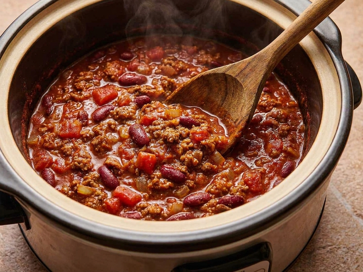 A wooden spoon stirring thick chili inside a slow cooker, with visible beans and ground beef in a rich red sauce