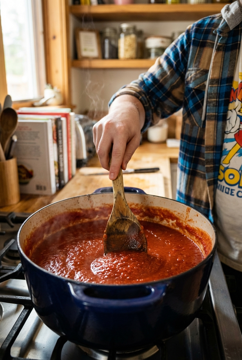 A wooden spoon stirring thick tomato sauce in a Dutch oven on the stove