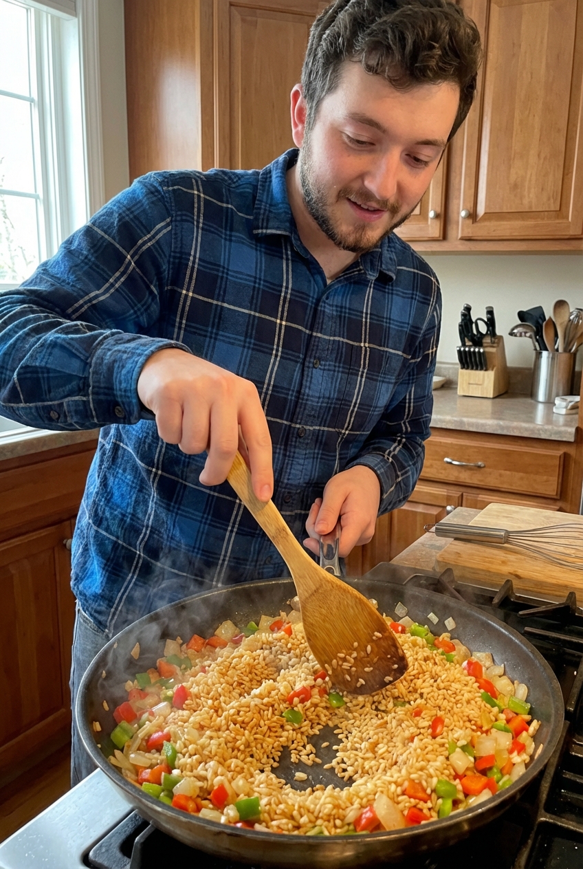 A wooden spoon stirring toasted rice with onions, garlic, and bell peppers in a wide skillet