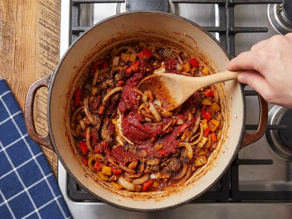 A wooden spoon stirring toasted spices and tomato paste with sautéed onions and peppers in a Dutch oven on the stovetop