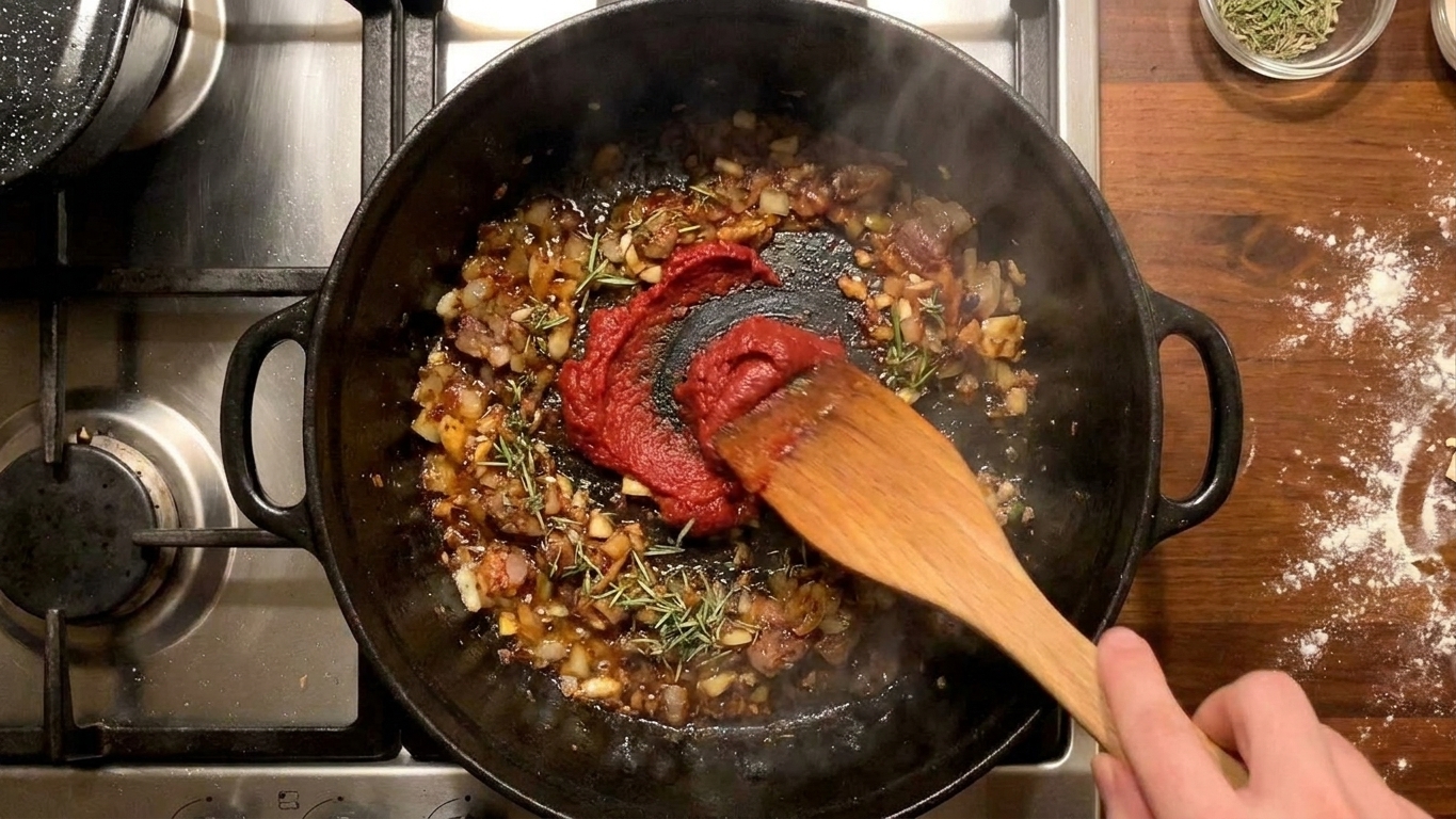 A wooden spoon stirring tomato paste and aromatics in a Dutch oven with browned bits on the bottom