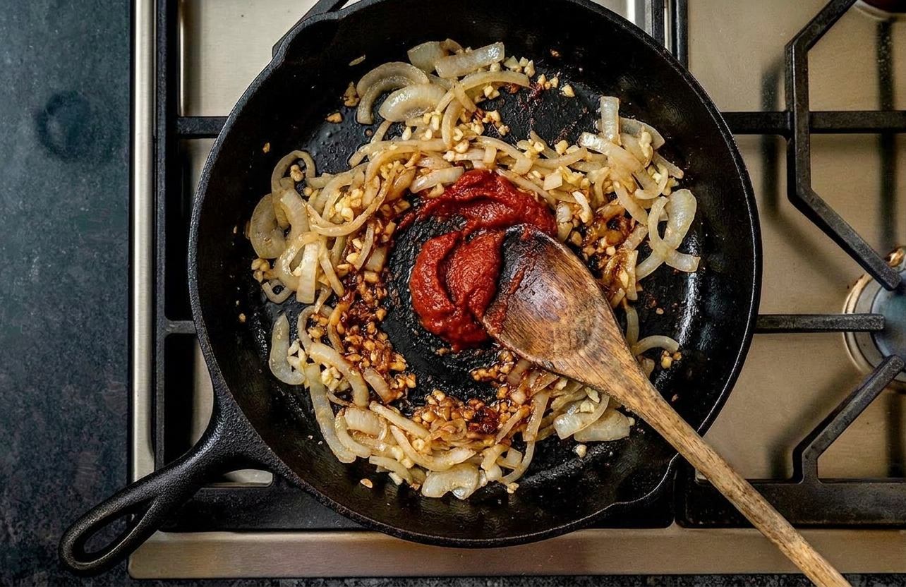 A wooden spoon stirring tomato paste into softened onions and garlic in a deep skillet, showing browned bits dissolving into the mixture
