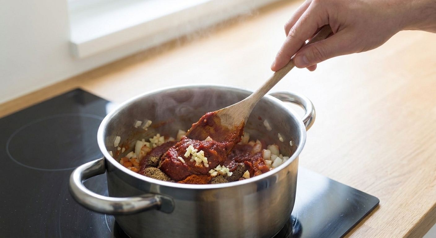A wooden spoon stirring tomato paste, onions, and spices in a heavy pot on a stovetop