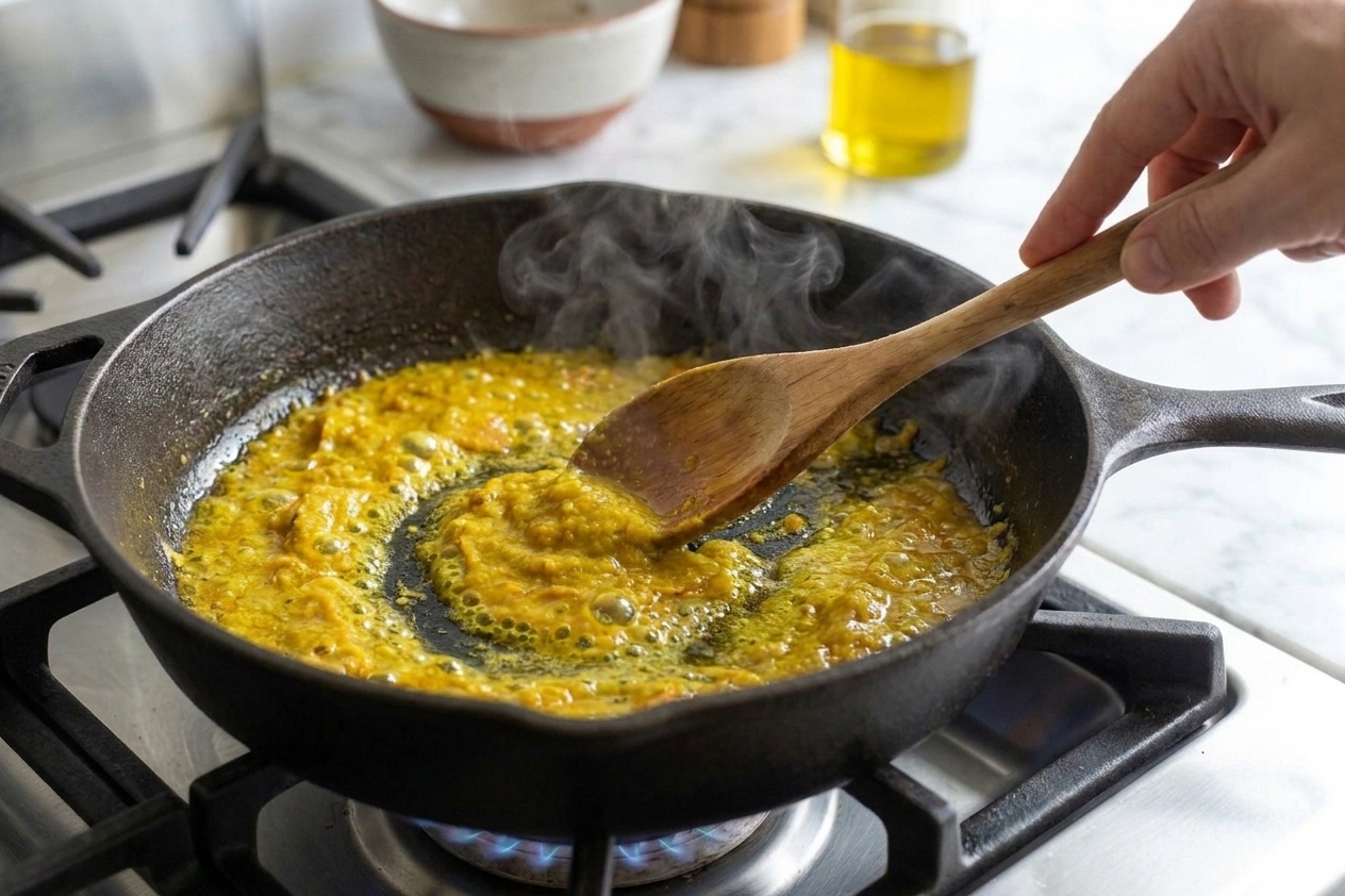 A wooden spoon stirring yellow curry paste in a hot skillet with oil, with steam rising on a home stove