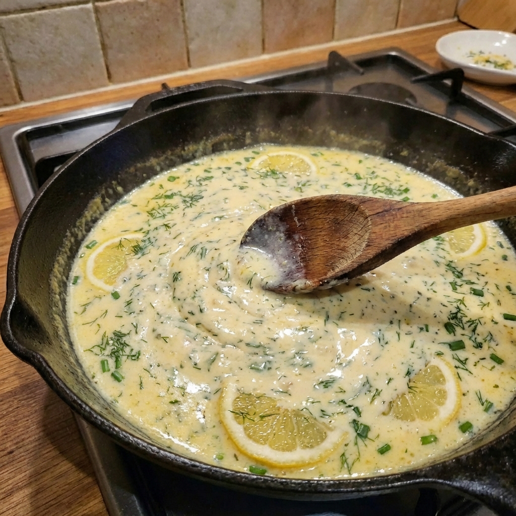 A wooden spoon swirling a creamy lemon yogurt sauce in a skillet
