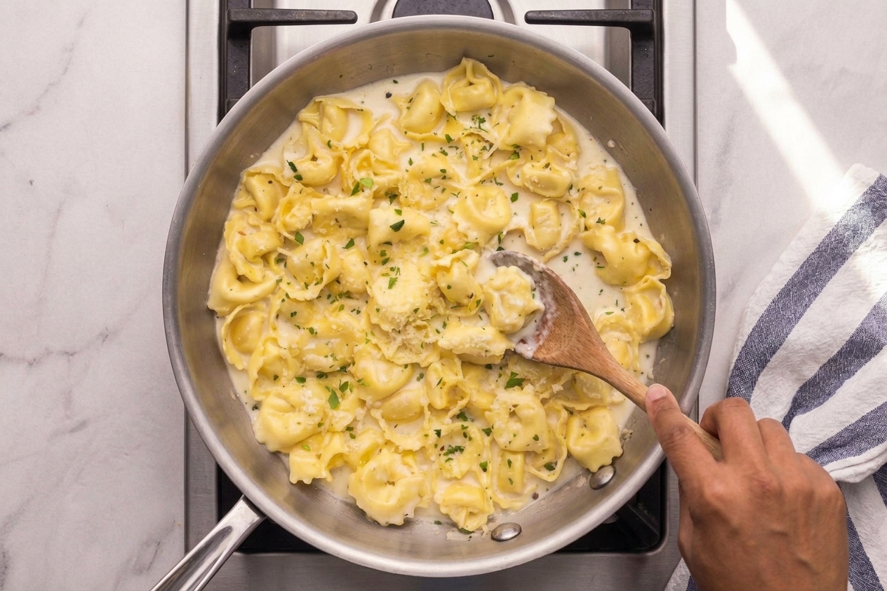 A wooden spoon tossing cheese tortellini in a creamy Parmesan sauce inside a large skillet on a stovetop