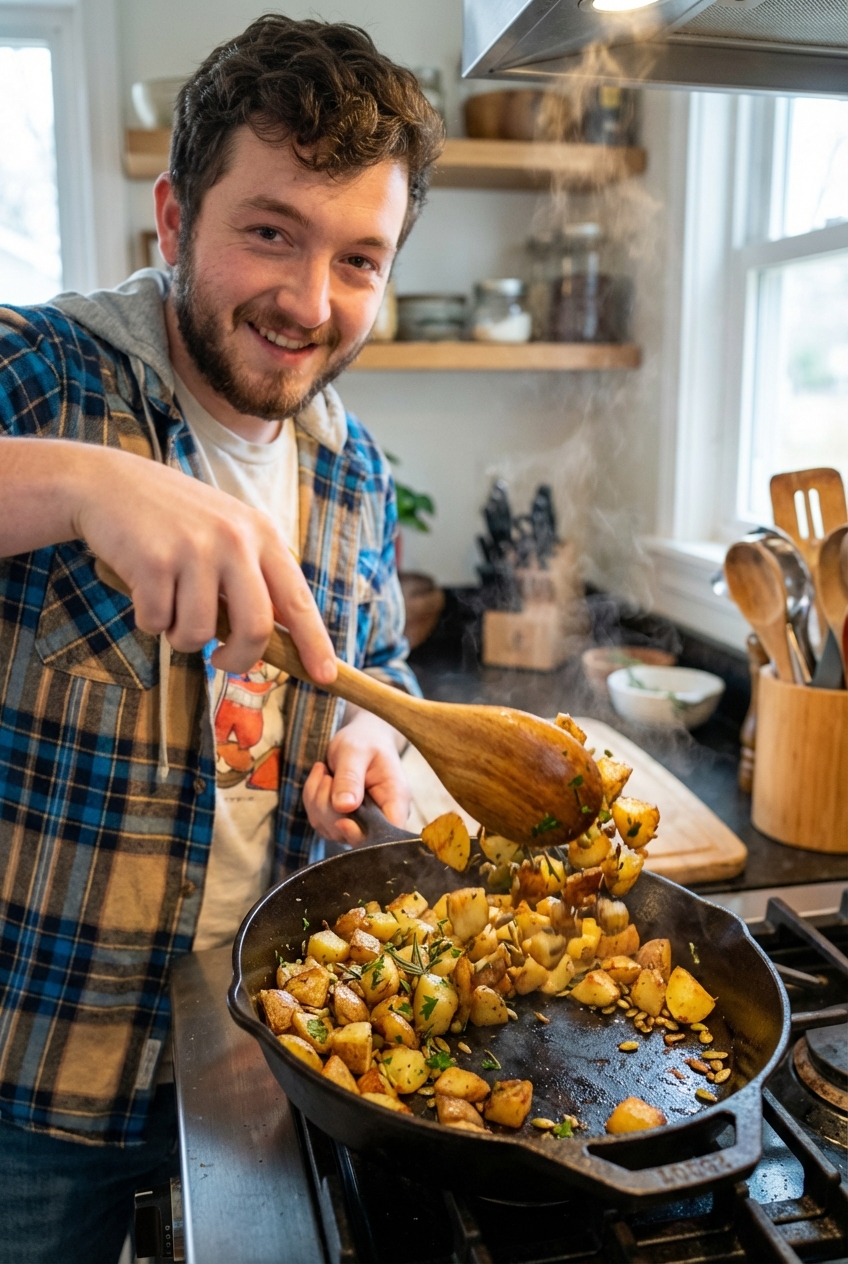 A wooden spoon tossing crisp home fries with fresh herbs and toasted pepitas in a hot skillet