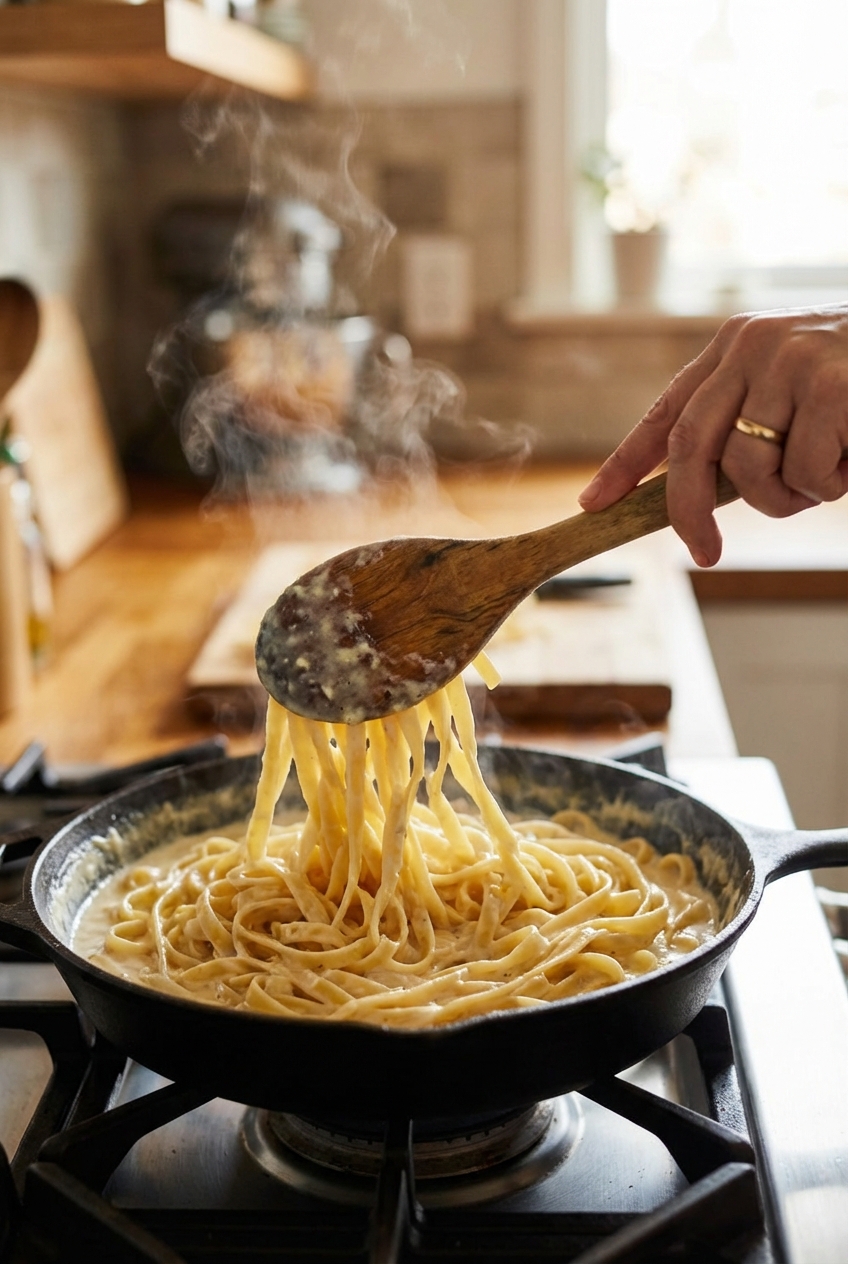 A wooden spoon tossing fettuccine in a creamy Alfredo sauce inside a skillet