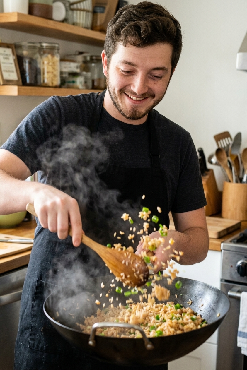 A wooden spoon tossing fried rice in a hot wok with visible steam and green onion