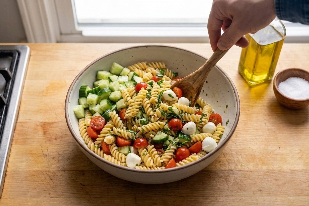 A wooden spoon tossing pasta salad with vegetables and mozzarella in a large mixing bowl