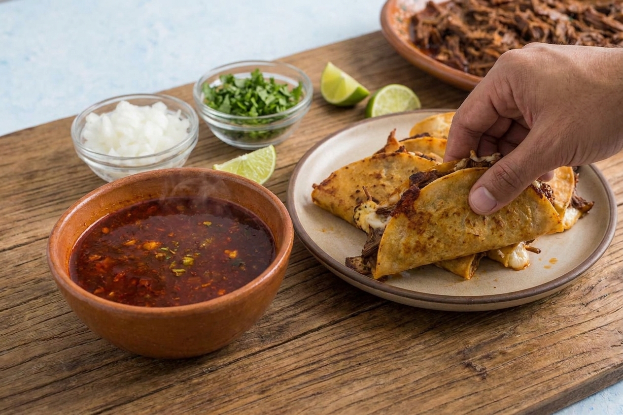 A wooden table set with a bowl of deep red birria broth, a plate of crispy quesabirria tacos, chopped onions and cilantro, and lime wedges in warm kitchen lighting