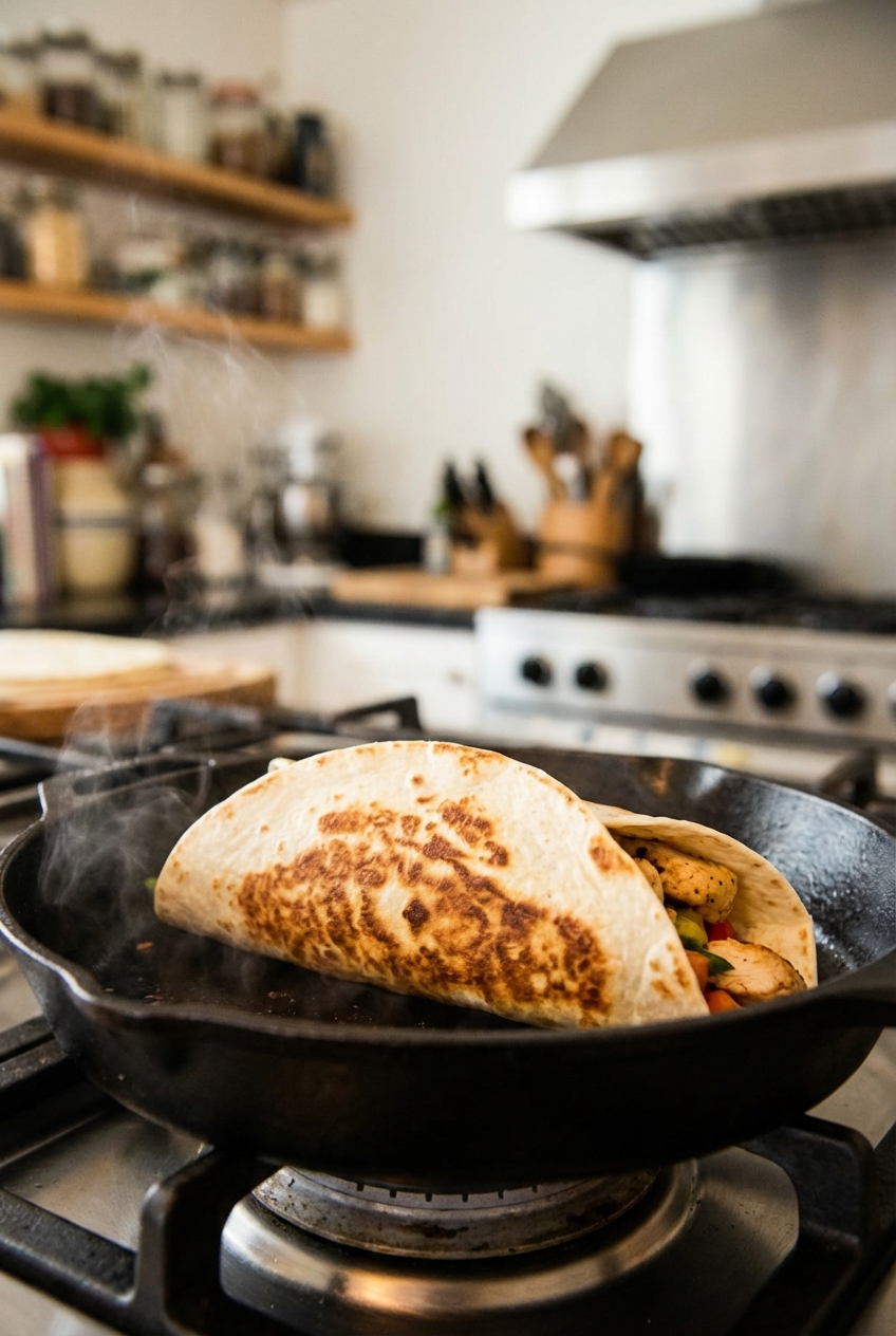 A wrap toasting in a skillet until golden brown