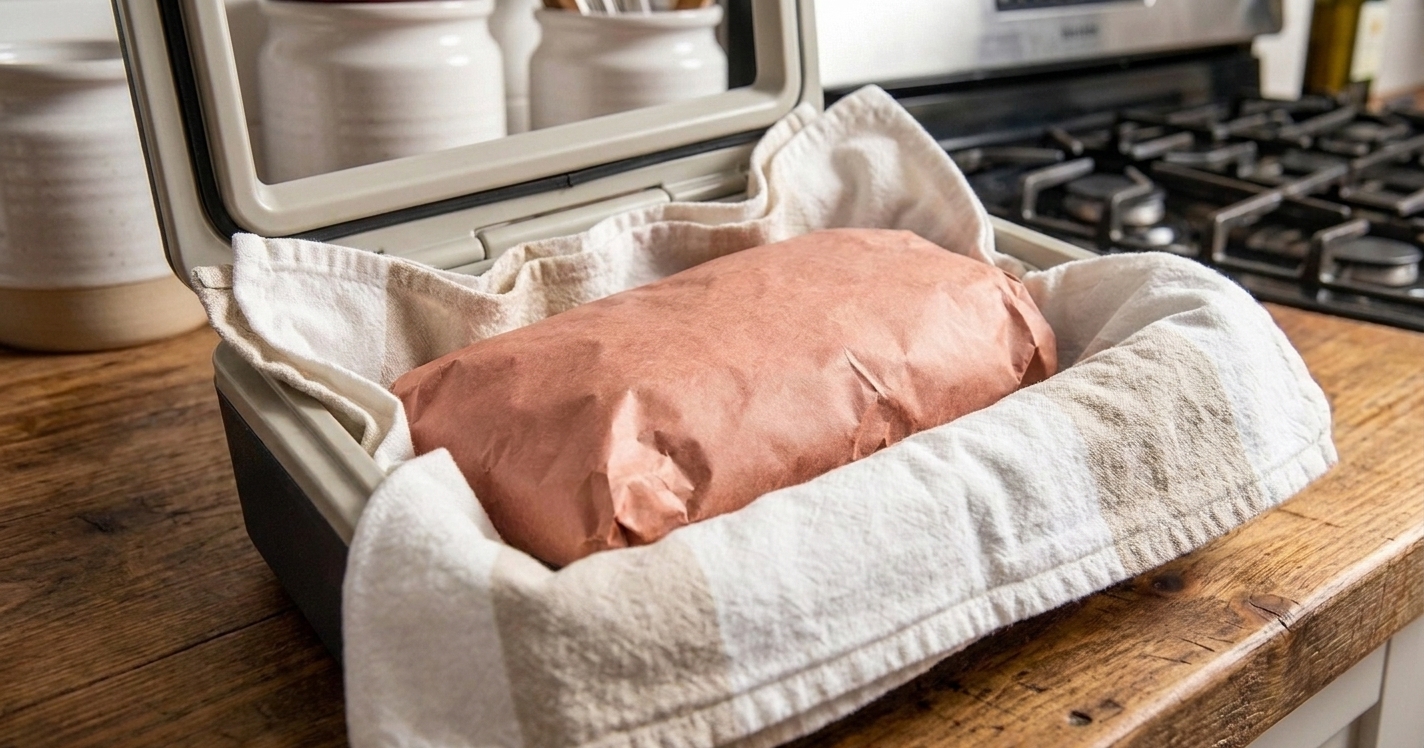 A wrapped brisket resting in a small cooler lined with clean kitchen towels