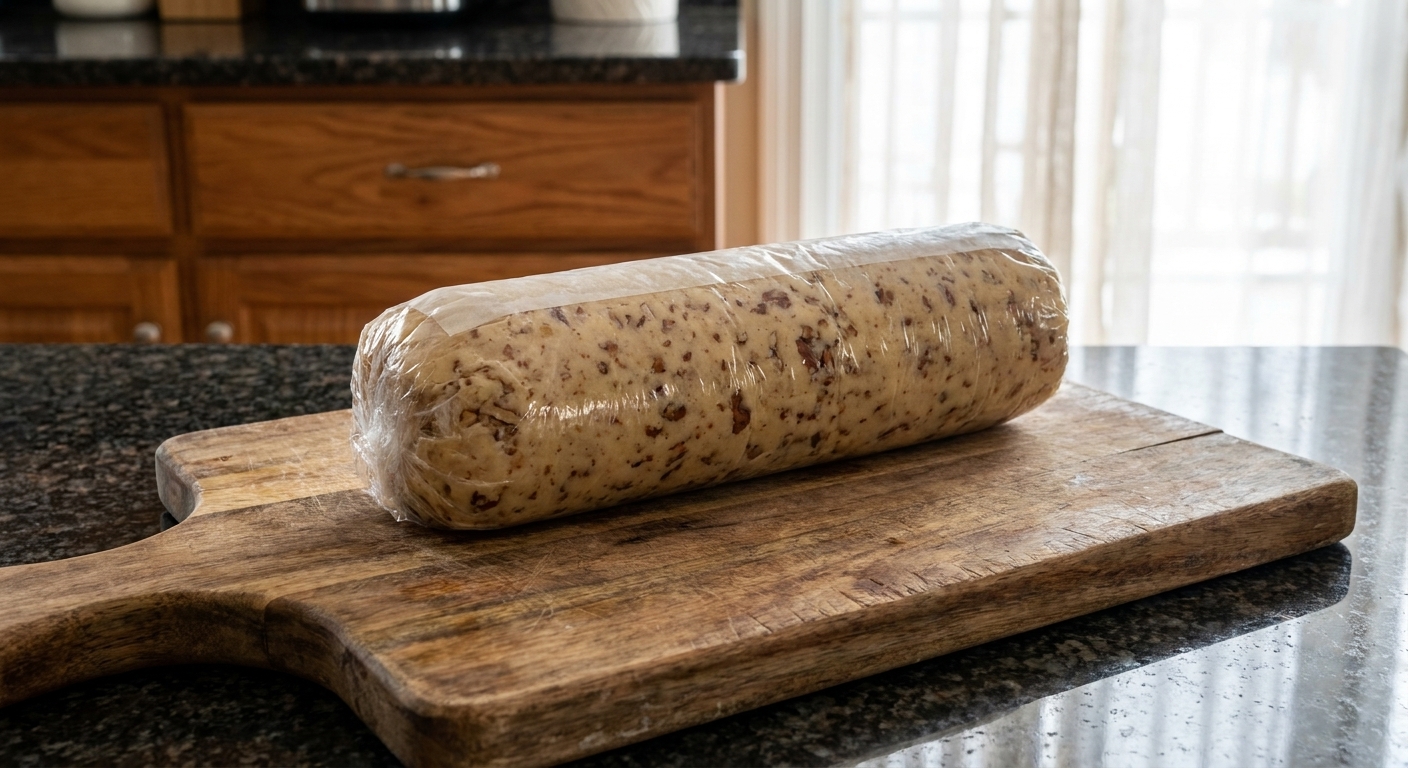 A wrapped cookie dough log resting on a cutting board on a kitchen counter
