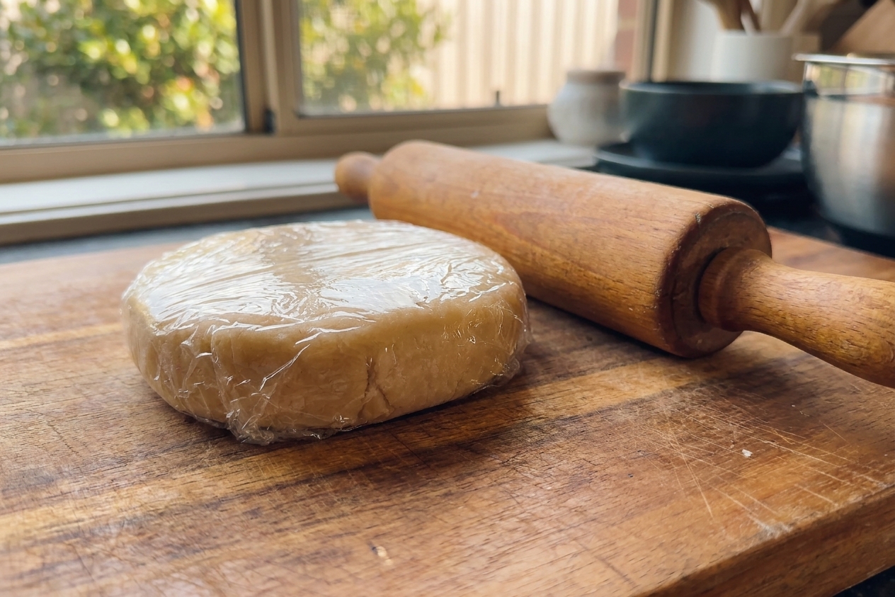 A wrapped disk of tart dough resting on a wooden cutting board beside a rolling pin