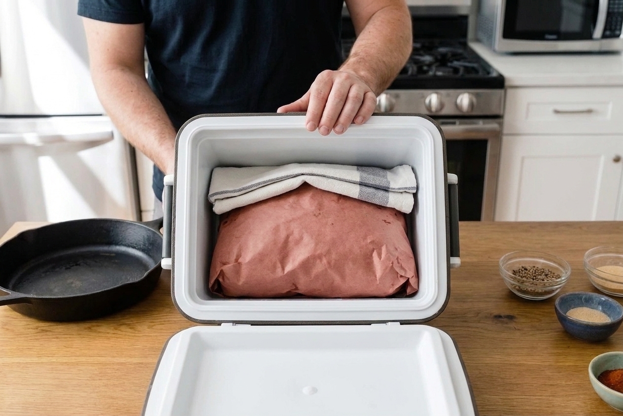 A wrapped pork shoulder resting in a small insulated cooler with a towel on top