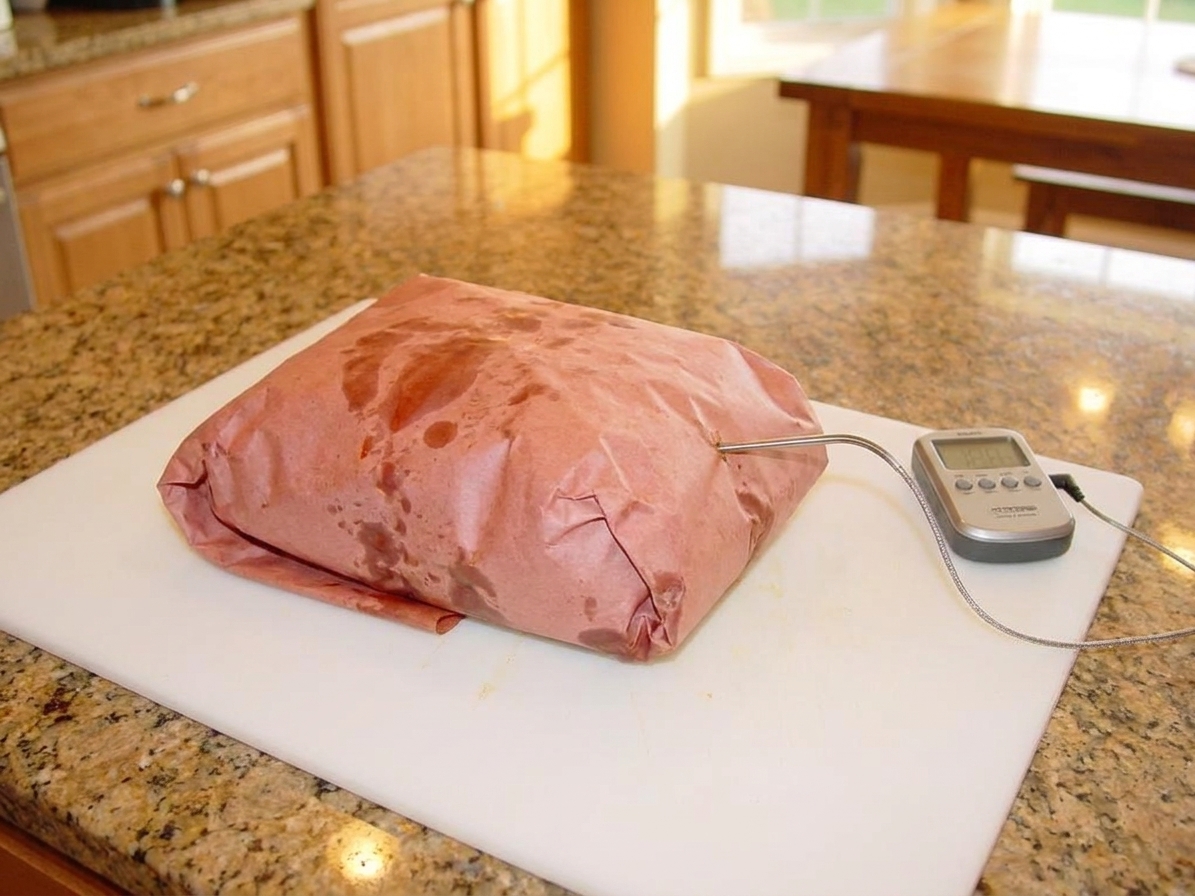 A wrapped smoked pork shoulder resting on a cutting board with a thermometer nearby in a warm kitchen
