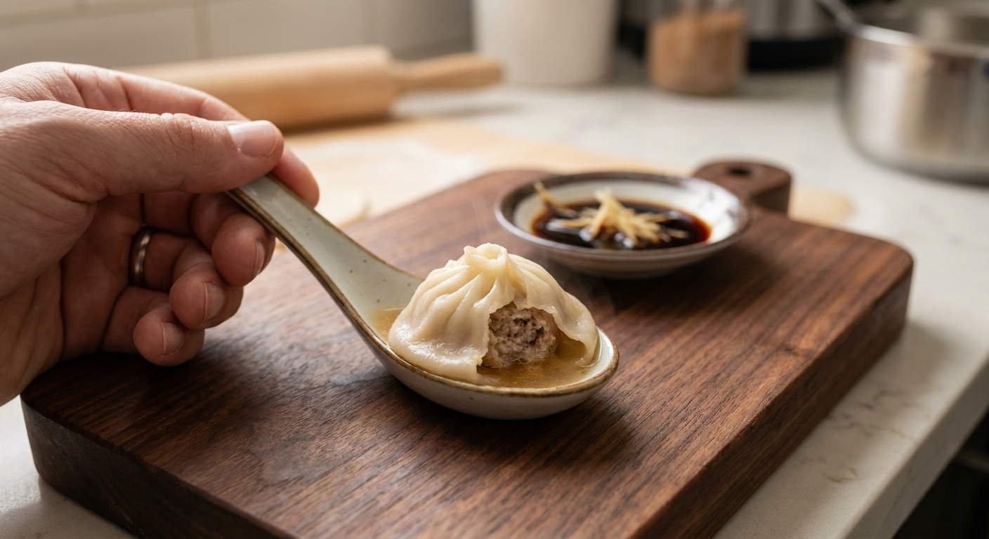 A xiao long bao dumpling resting on a soup spoon with a small bite taken out and broth visible inside.