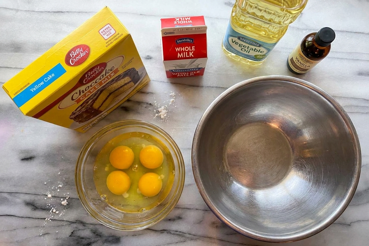 A yellow cake mix box, eggs, milk, oil, vanilla, and a mixing bowl arranged on a clean kitchen counter