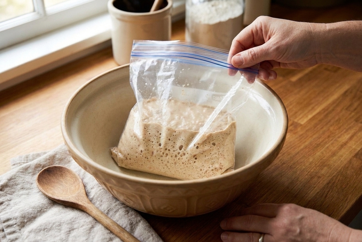 A zip-top bag of Amish Friendship Bread starter resting in a bowl on a clean kitchen counter with a wooden spoon nearby
