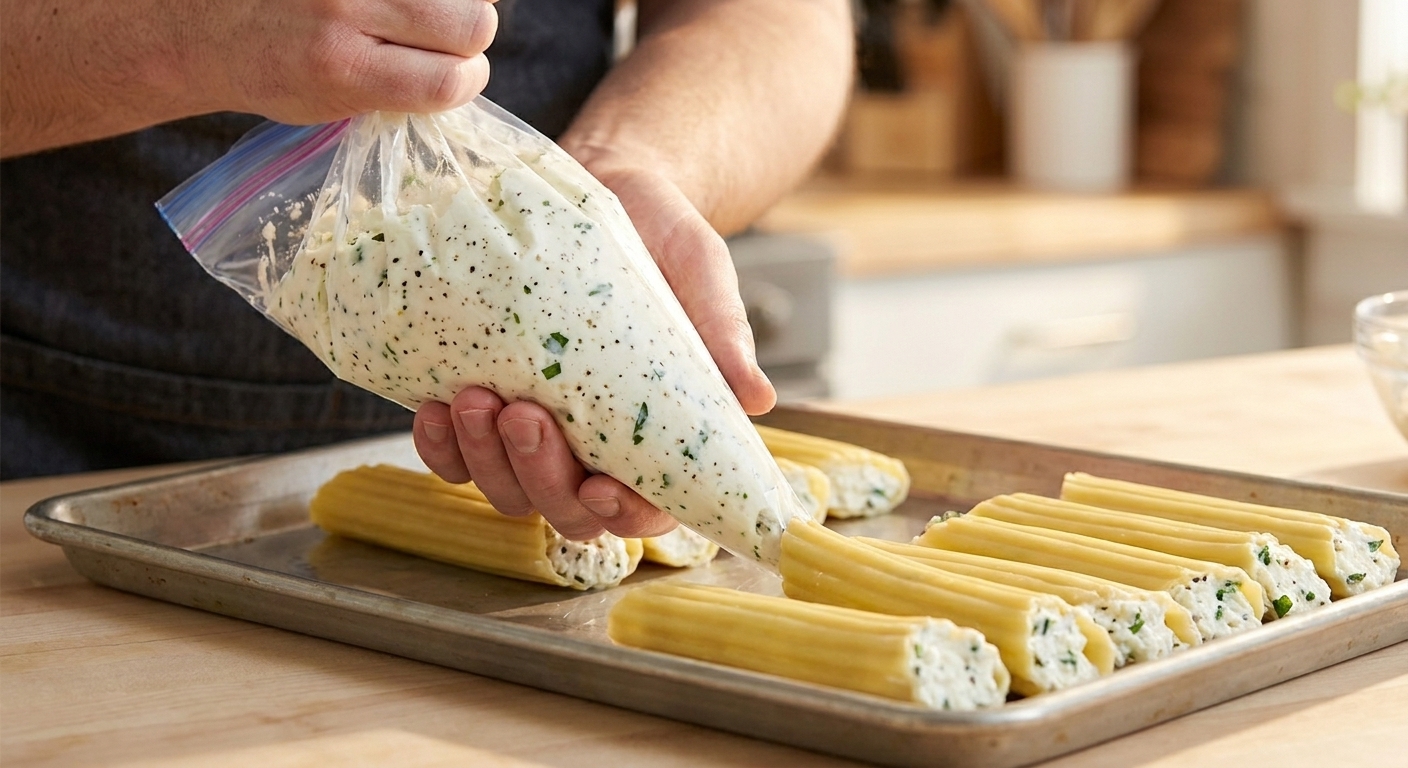 A zip-top bag with the corner snipped piping ricotta filling into a manicotti pasta tube on a sheet pan