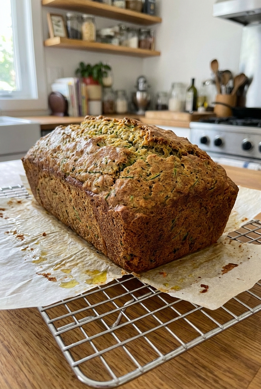 A zucchini bread loaf cooling on a wire rack with parchment paper underneath