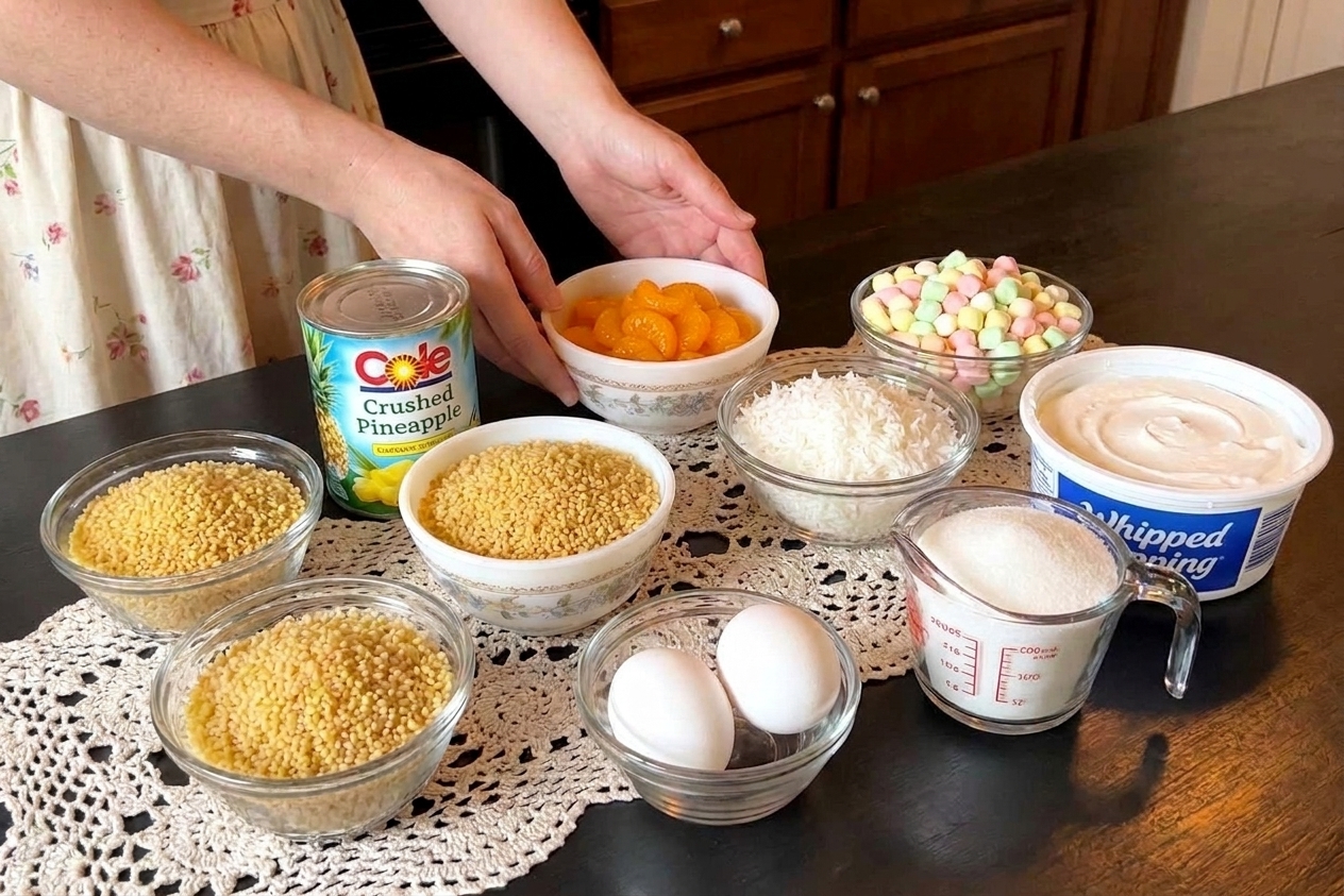 Acini di pepe pasta, canned crushed pineapple, mandarin oranges, mini marshmallows, eggs, sugar, and a tub of whipped topping arranged on a clean kitchen counter in warm natural light