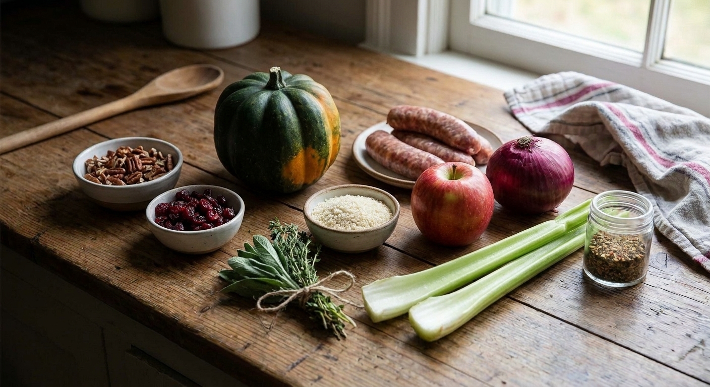 Acorn squash, Italian sausage, an apple, onion, celery, pecans, dried cranberries, breadcrumbs, herbs, and spices arranged on a bright kitchen counter