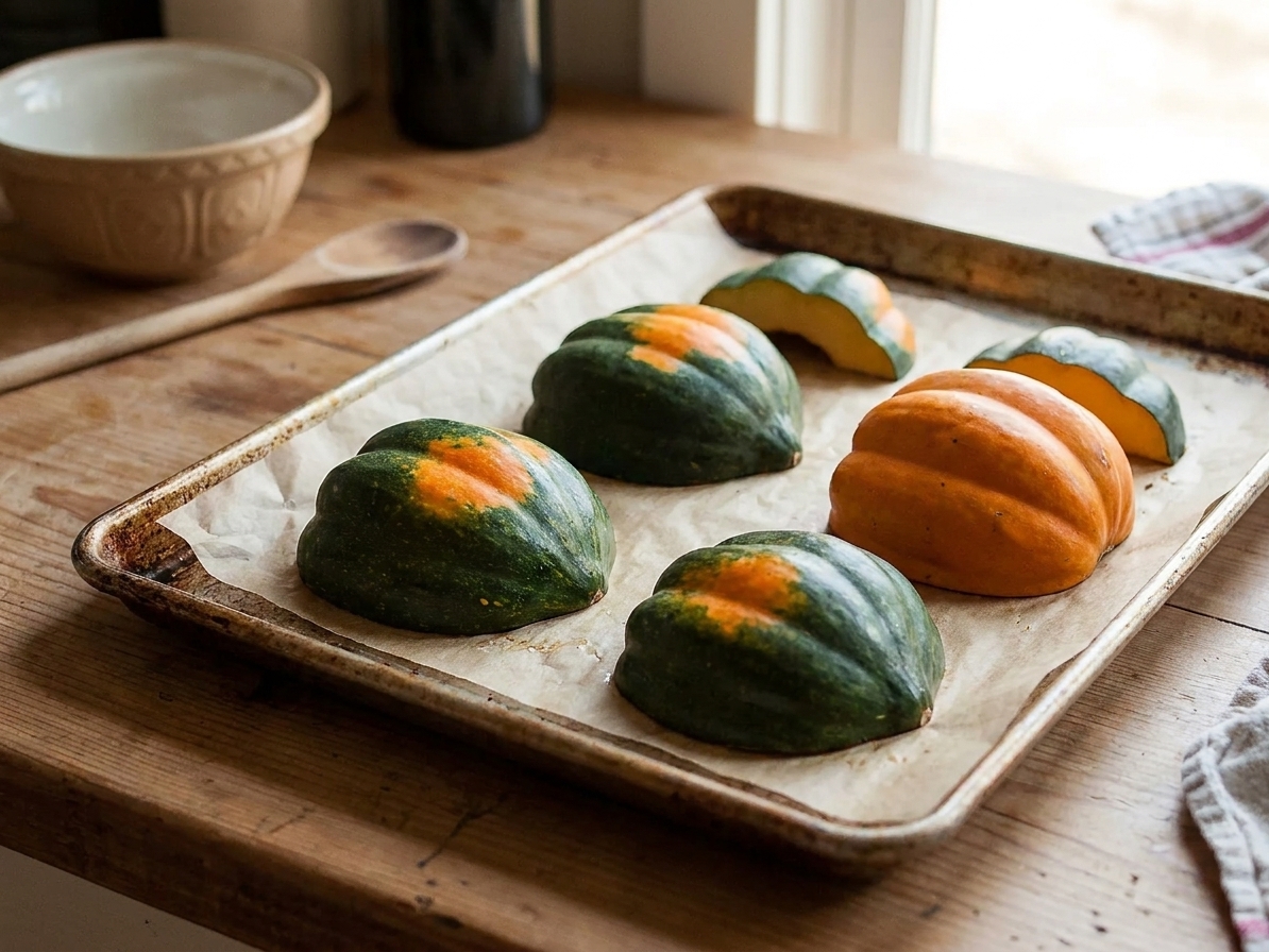 Acorn squash halves cut-side down on a parchment-lined baking sheet ready to roast in the oven