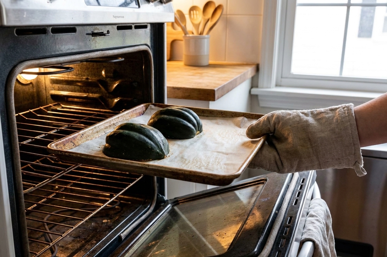 Acorn squash halves placed cut-side down on a parchment-lined sheet pan, being slid into a home oven
