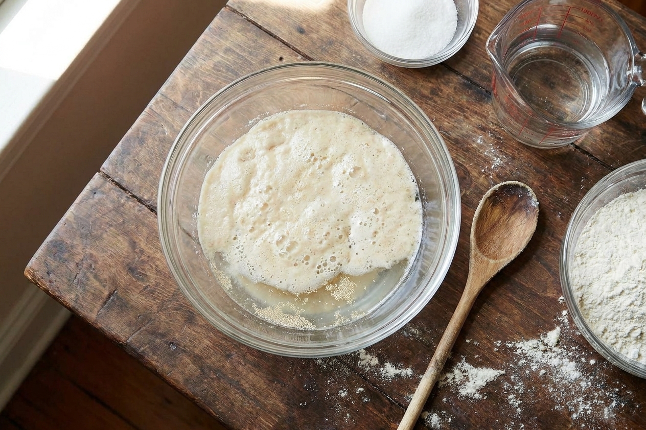 Active dry yeast blooming and foaming in a bowl of warm water on a kitchen counter