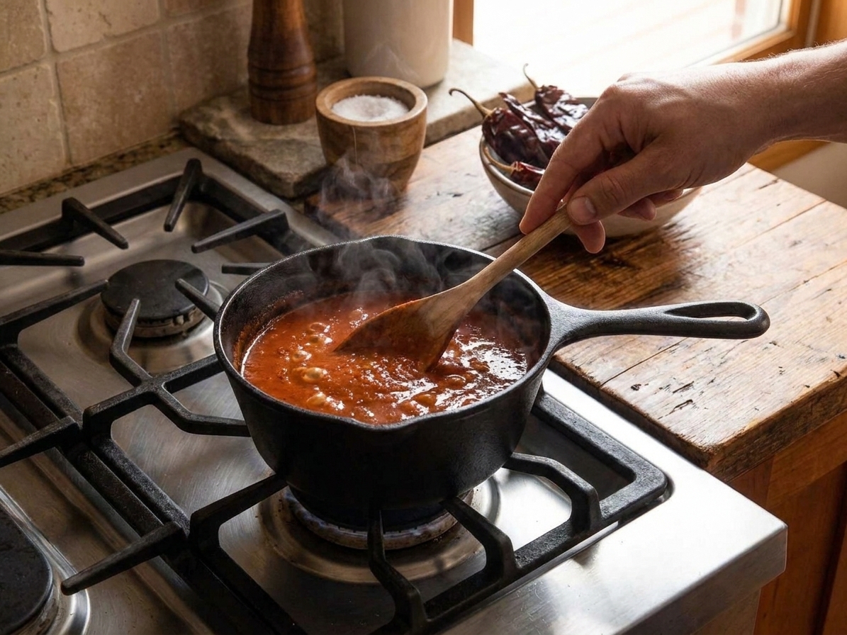 Adobo sauce simmering in a small saucepan on a stovetop with a wooden spoon stirring