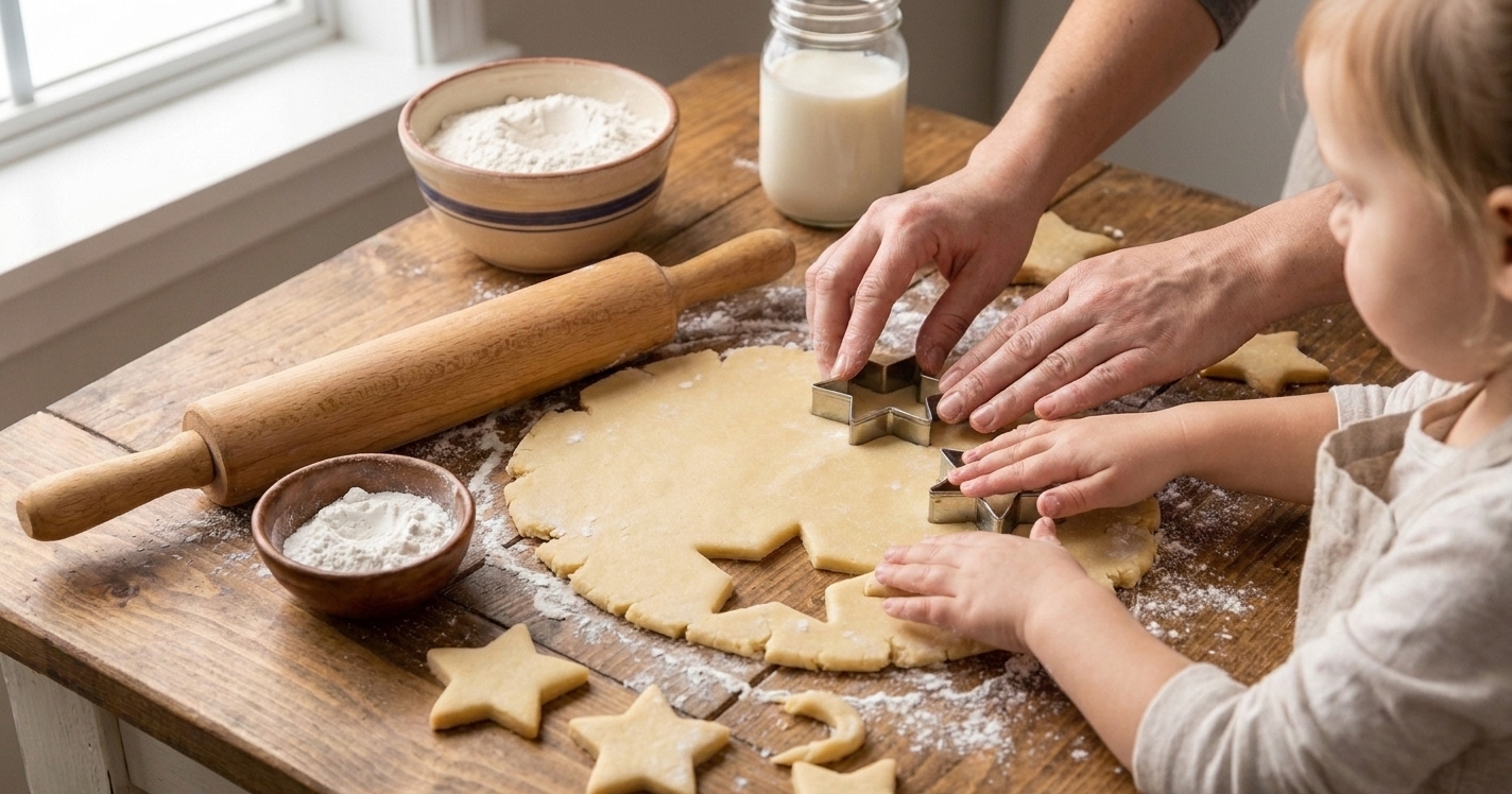 Adult and child pressing star cookie cutters into rolled cookie dough on a floured countertop in a home kitchen