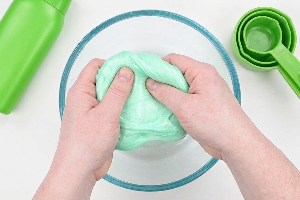 Adult hands kneading a soft slime mixture inside a mixing bowl on a kitchen counter