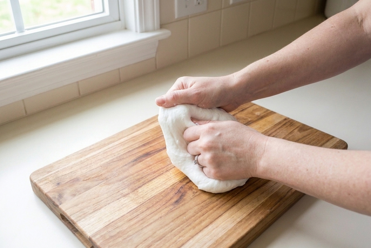 Adult hands kneading soft white cornstarch slime on a wooden cutting board on a kitchen counter, bright window light