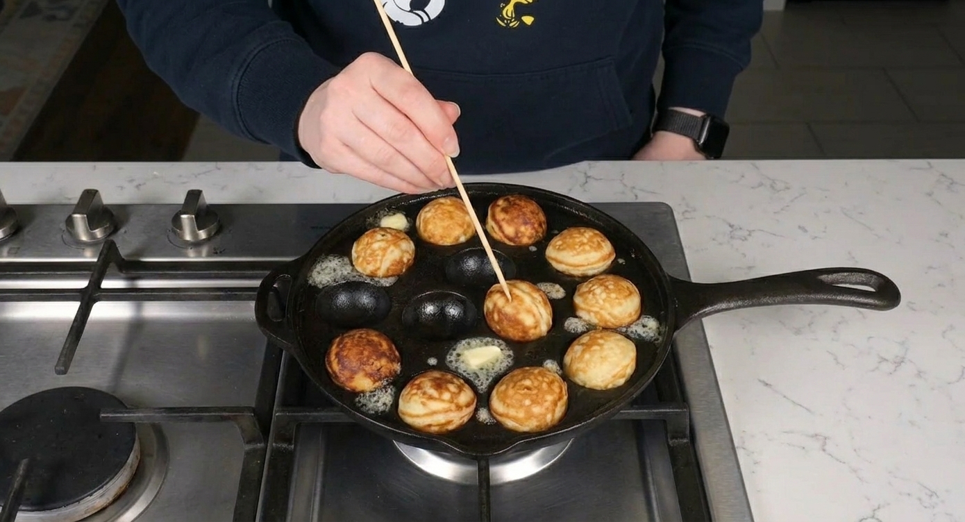 Aebleskiver being turned in the pan with a wooden skewer as they brown