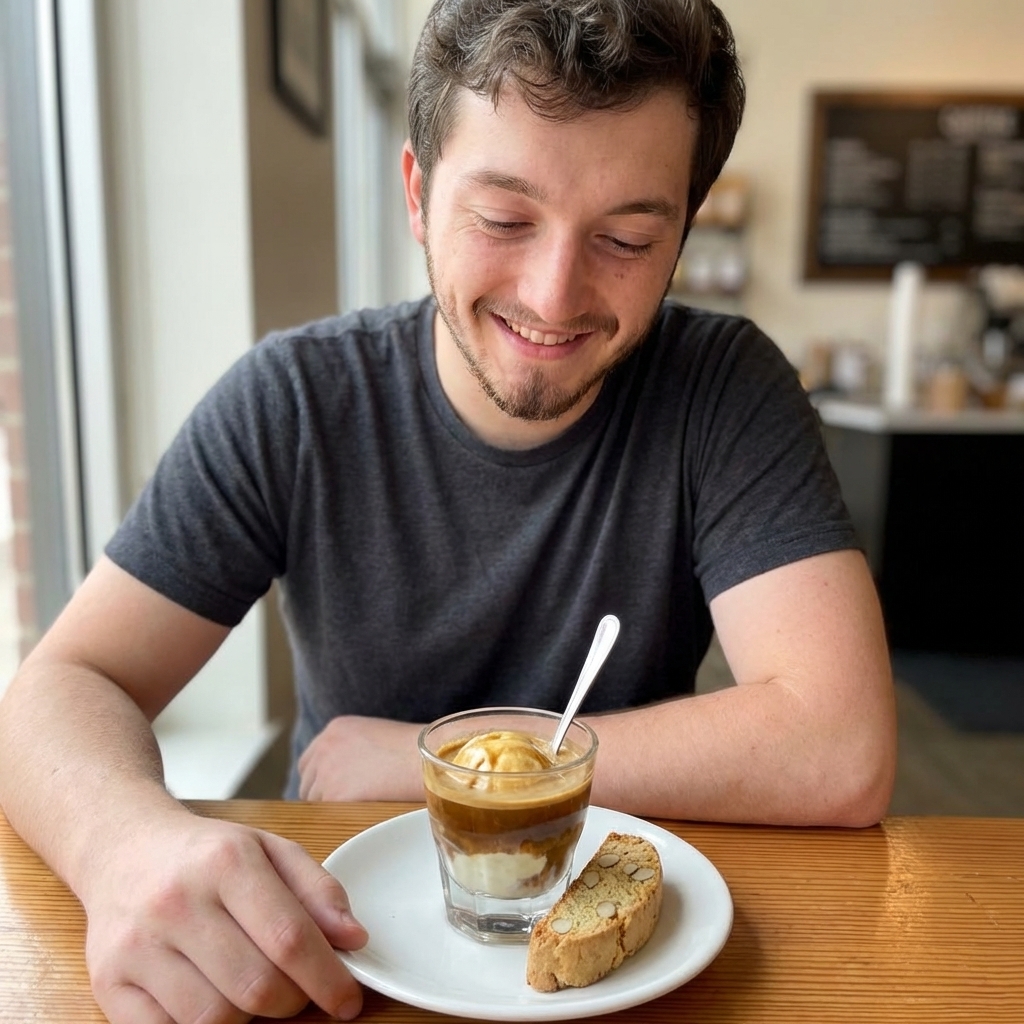 Affogato in a small glass with espresso pooling around melting vanilla gelato, served with a spoon and a biscotti on a simple white plate